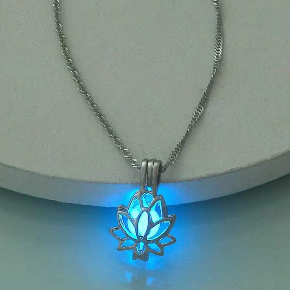 Blue Lotus Necklace with Glow-In-The-Dark Bead – Delicate & Dreamy